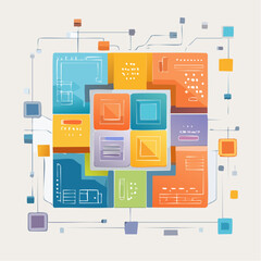 Modular vector interface with interchangeable elements, geometric panels, and editable color blocks in a modern flat design grid.