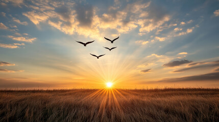 Obraz premium Sunset sky with flying birds creates serene atmosphere over golden grassland