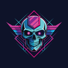 Stylized cyberpunk skull with glowing pink eyes and a metallic helmet, set against a dark background with neon geometric shapes and wings, evoking a futuristic and edgy aesthetic