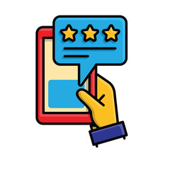 Review icon. E-commerce. Message bubble with stars coming out of a phone in hand. market, sale, buy. Isometric design style.