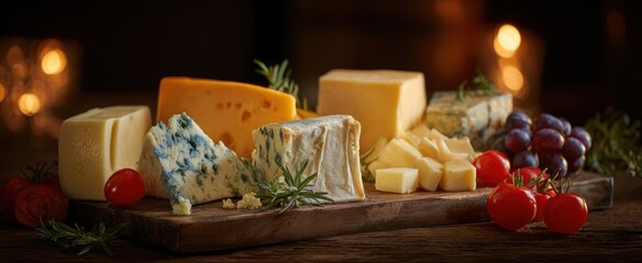 The cheese platter featuring a variety of gourmet cheeses and fresh accompaniments.