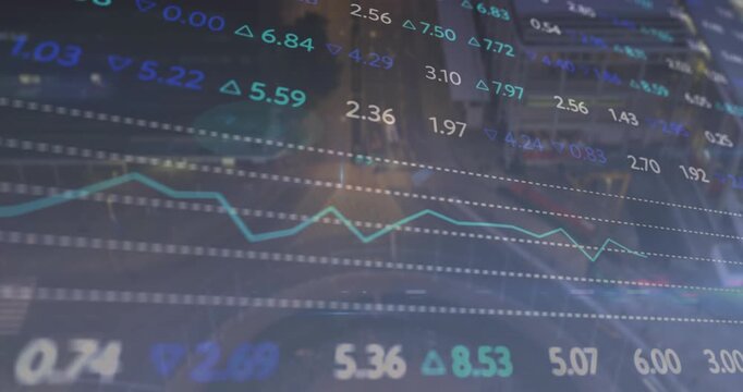 Opening stock overlay updating numbers with fluctuating arrows and shifting graph on columns - Powered by Adobe