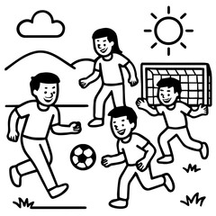 Black and White Vector Illustration of Children Playing Soccer Outdoors
