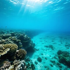 Naklejka premium Underwater View of a Vibrant Coral Reef with Sunlight Filtering Through the Water