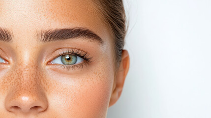 Close up of female face showcasing natural beauty, featuring clear skin, defined eyebrows