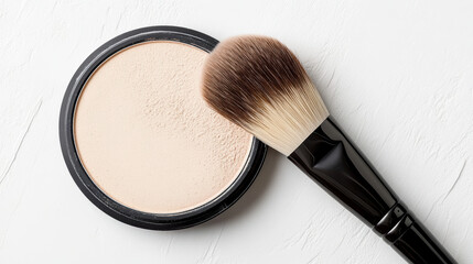 Soft makeup brush resting on powder compact, showcasing beauty essentials