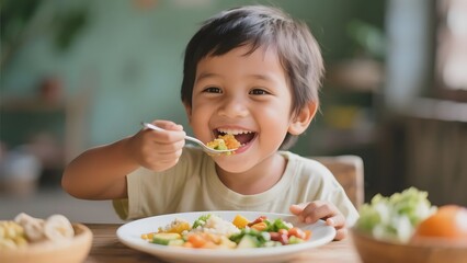 A cheerful child enjoys a colorful vegetable meal at the dining table.