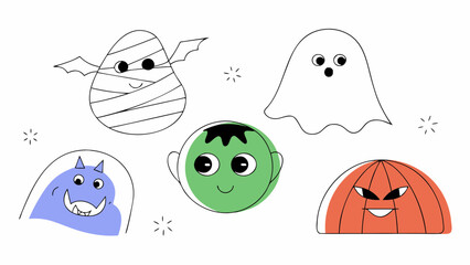 Cute halloween monsters isolated on white background in cartoon style