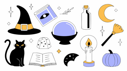 Halloween icons isolated on white background with witch and magic elements