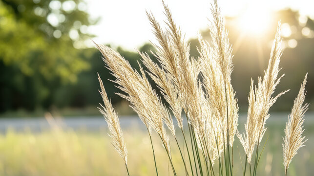 Golden grass swaying gently in evening light, creating serene atmosphere