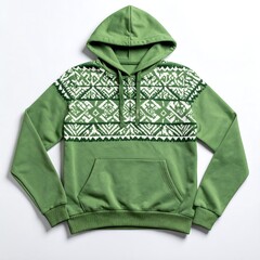Green hooded sweatshirt with geometric pattern across chest