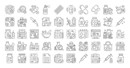 Comprehensive Set of Healthcare and Pharmaceutical Icons in Vector Outline Style