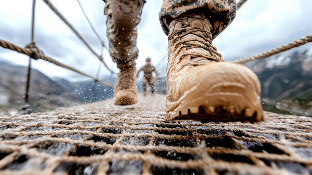 Soldiers navigating challenging obstacle course with determination and focus