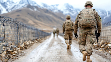 Fototapeta premium Soldiers walking along rugged path mountainous terrain, showcasing determination and resilience