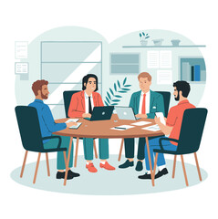 Business Meeting. Vector cartoon illustration in a flat style of a group of diverse people sitting and discussing in an office at a table headed by a manager. Isolated on background