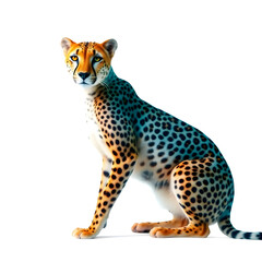 A vibrant blue and orange cheetah with intricate spots and a slender physique is set against a pristine white background