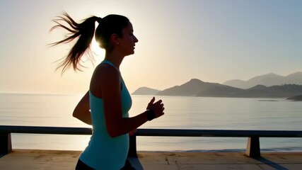 Woman running on the beach promenade at sunrise - Powered by Adobe