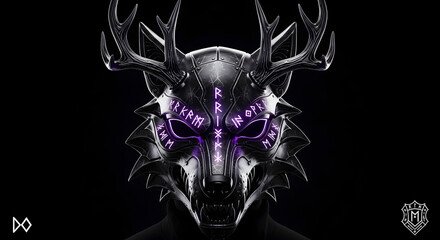 Dark Fantasy Creature: Glowing Purple Mask and Antlers