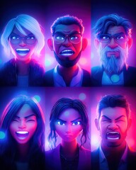 Diverse group expressing various emotions vividly.