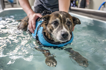 Hydrotherapy for Injured Dog, Rehabilitation Session, swimming in a hydrotherapy pool, compassionate animal healing. veterinary treatment, animal rehabilitation