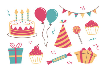 Colorful Birthday Celebration: A joyful illustration of essential birthday elements. Including cake, balloons, gifts and decorations for a special occasion, creating a cheerful and festive atmosphere.