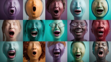 Diverse emotions expressed through vibrant faces.