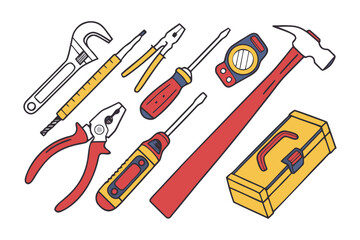 Assorted Hand Tools: A set of essential hand tools, including wrench, pliers, screwdriver, hammer, and toolbox, perfectly arranged, ready for any project or repair.