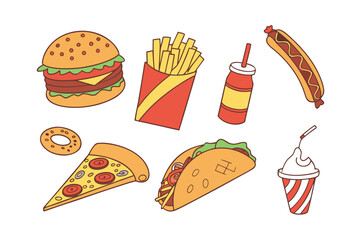 Savory Selection: An enticing assortment of classic fast food delights, arranged in a colorful and visually appealing manner, perfect for culinary-themed projects.