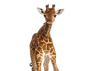 Fototapeta premium Close-up of a young giraffe, facing forward against a white background