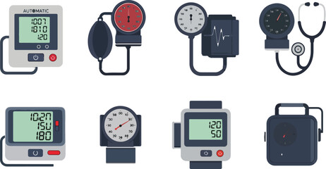 Blood pressure monitors and stethoscope illustrations