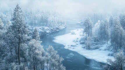 Serene Winter Landscape with Frozen River and Trees (3)