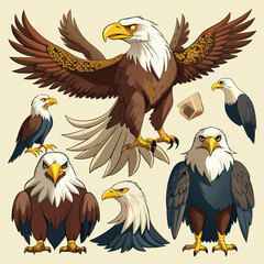 Fototapeta premium Cartoon vector illustration of a majestic American bald eagle with spread wings and a fierce beak, symbolizing patriotism