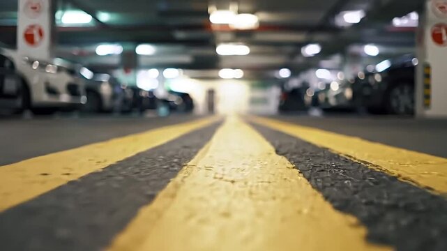 Yellow lines guiding through parking facility lead to illumination ahead
