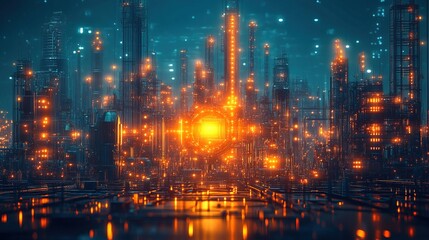 Fototapeta premium Futuristic Glowing Cityscape Night Illustration with Abstract Network Connections