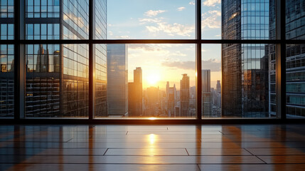 Fototapeta premium Sunrise illuminating high rise buildings through large glass windows creates serene atmosphere