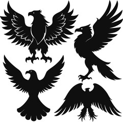 Obraz premium Black vector silhouettes of flying eagles with outstretched wings and detailed feathers are perfect for a tattoo design or icon set