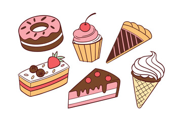 Sweet Treats Ensemble: A delectable array of treats, including a donut, cupcake, and slices of cake. Perfectly showcasing the variety of desserts.