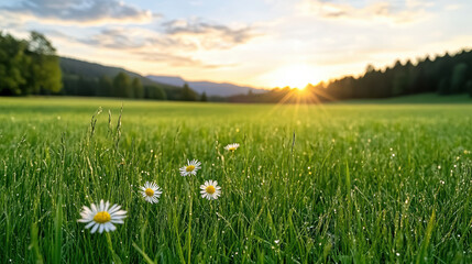 Obraz premium Daisies blooming in lush green meadow at sunset, creating serene atmosphere