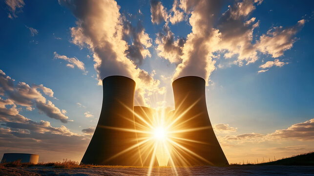 Sunset over nuclear reactor towers with steam trails creates dramatic scene