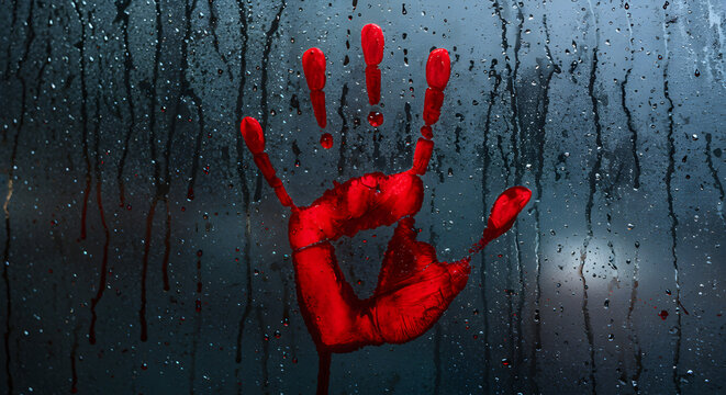 Eerie crimson handprint against a rain-streaked glass backdrop creating dark scene portraying