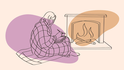 A cozy scene featuring a person wrapped in a blanket, enjoying a warm drink by the fireplace.