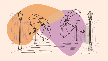A whimsical illustration of colorful umbrellas and street lamps in a charming urban setting.