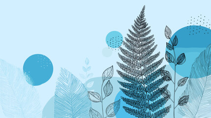 Vector foliage illustrations with ferns and leaves on a blue background, copy space