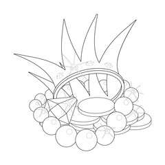 Gold coins, gemstones, pearl necklace and royal crown decorated with precious stones. Black and white. Cartoon vector illustration of treasure for children's coloring book, worksheet.