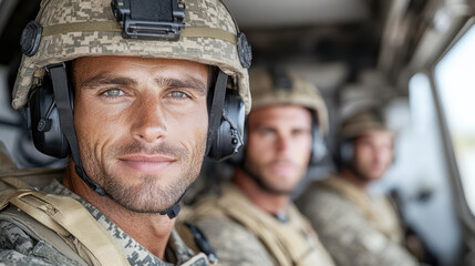Military personnel wearing helmets and communication gear display confidence and readiness
