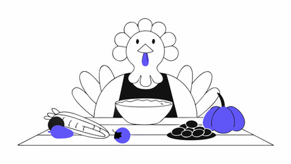 A cartoon turkey wearing an apron sits at a table surrounded by fresh vegetables, ready for a festive meal.