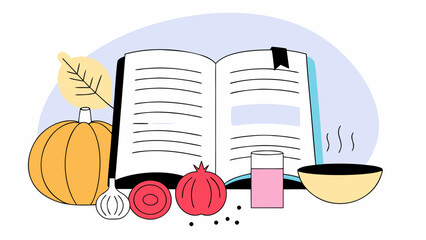A colorful, illustrated scene featuring a recipe book amidst fresh ingredients like pumpkin, garlic, and pomegranate.