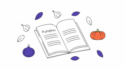 An open book with the word 'Pumpkin' surrounded by colorful leaves and decorative pumpkins.