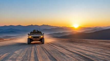 Fototapeta premium Off road vehicle driving on sandy terrain at sunset, surrounded by mountains and dust