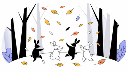 Playful rabbits enjoying a colorful autumn day in a whimsical forest setting.